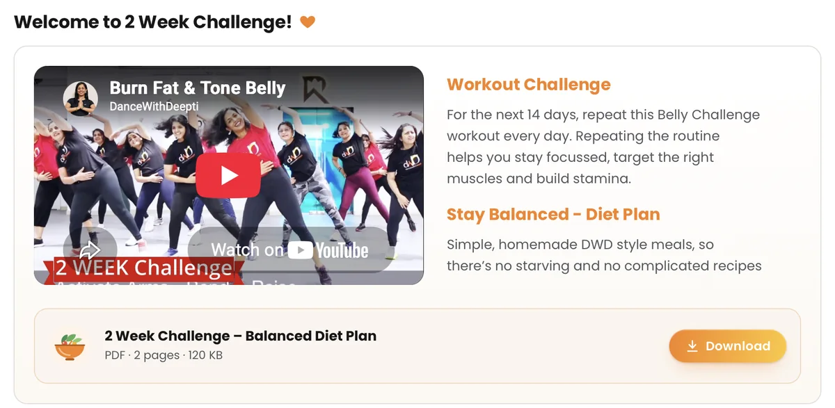 The My Challenges card in the member area: the DWD 2 Week Challenge with Deepti&rsquo;s belly workout video, the Workout Challenge and Diet Plan notes, and the Balanced Diet Plan download