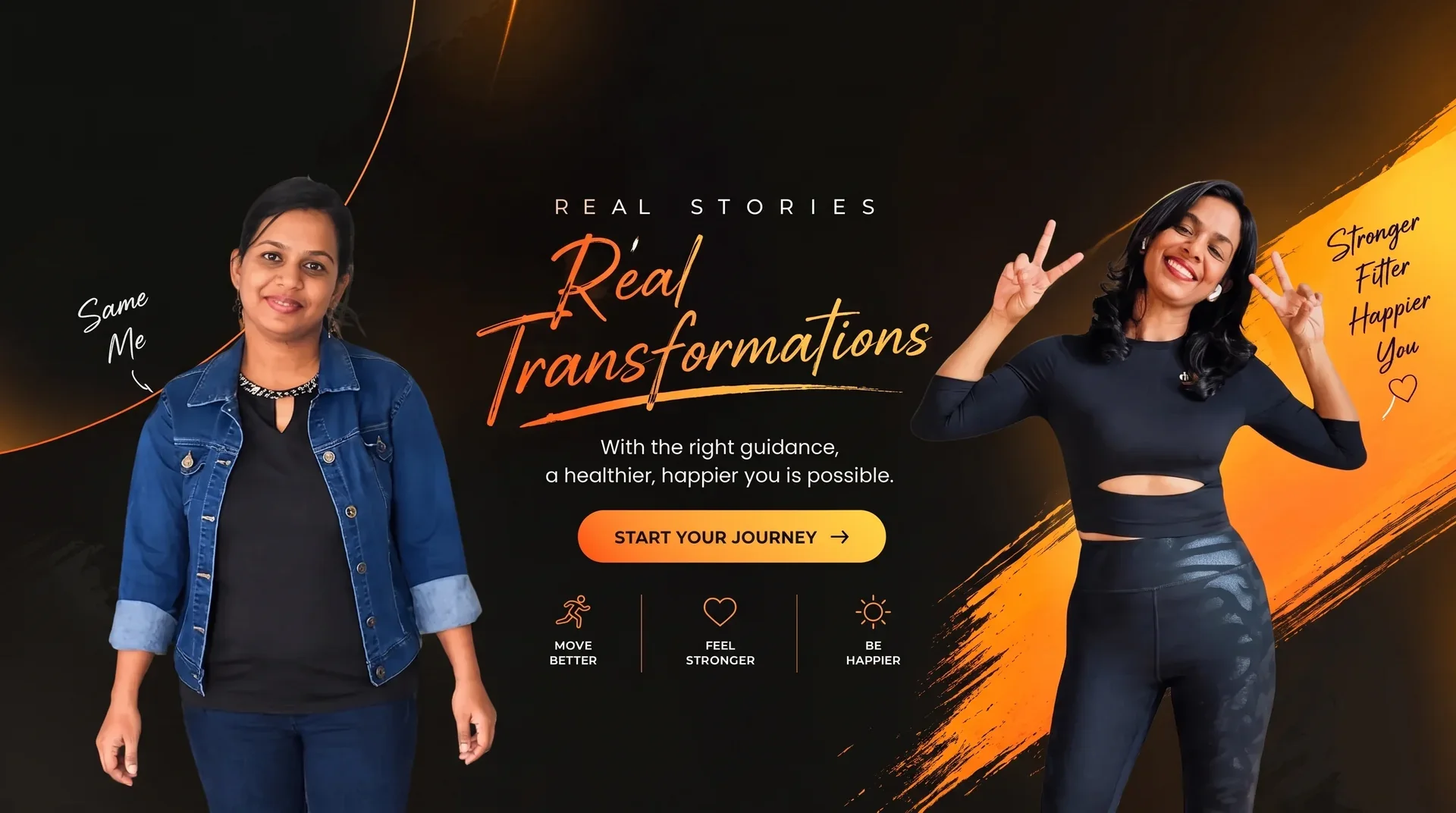Real Stories, Real Transformations &mdash; a member before her journey on the left, Deepti on the right; Move Better, Feel Stronger, Be Happier