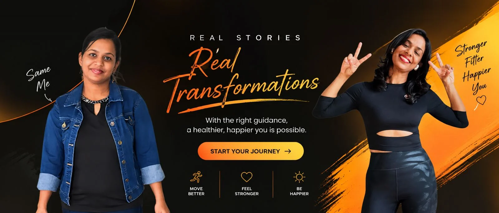 Real Stories, Real Transformations &mdash; a member before her journey on the left, Deepti on the right; Move Better, Feel Stronger, Be Happier